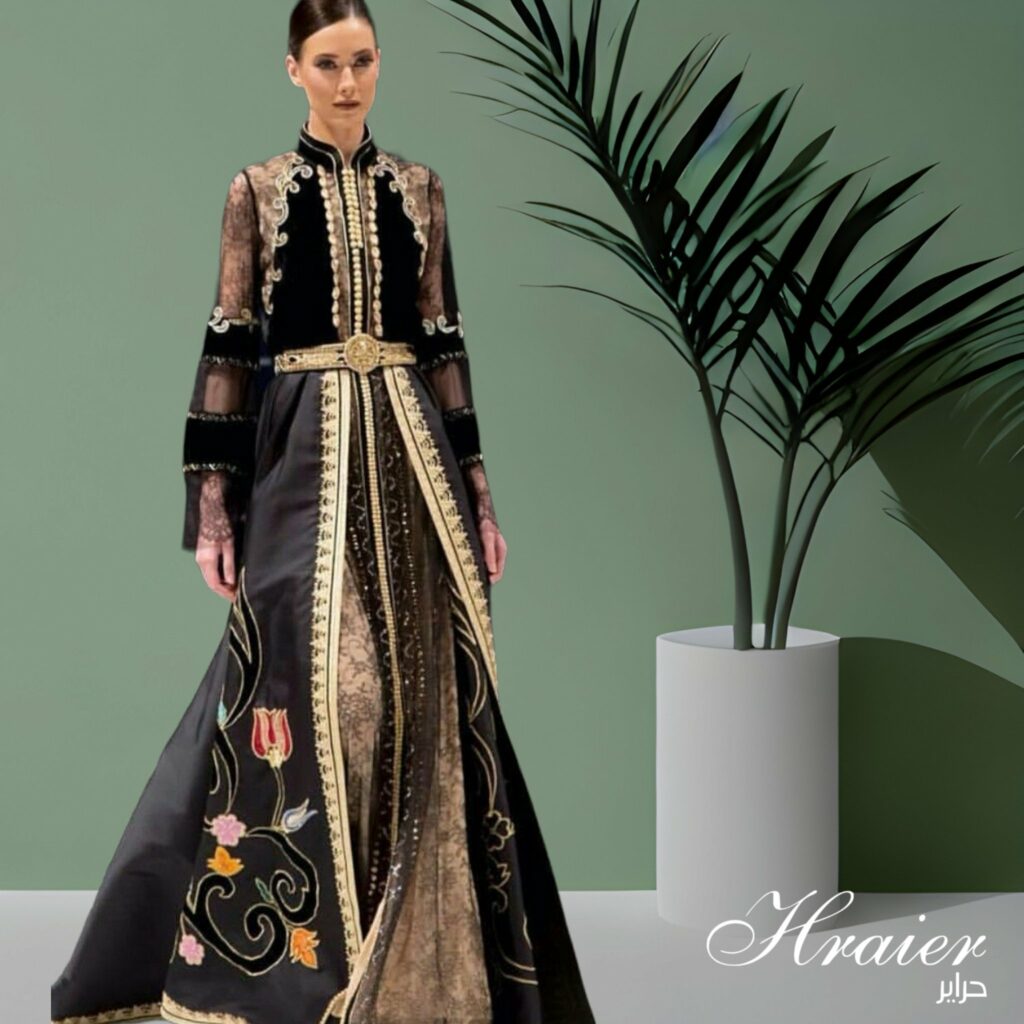 Caftan marocain double noir avec motif fleur - قفطان مغربي اسود Tunisie