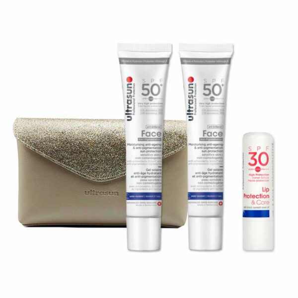 Coffret Ultrasun comprenant 2 crèmes SPF50+ anti-âge et anti-pigmentation pour le visage, ainsi qu'une protection labiale SPF30. Tunisie