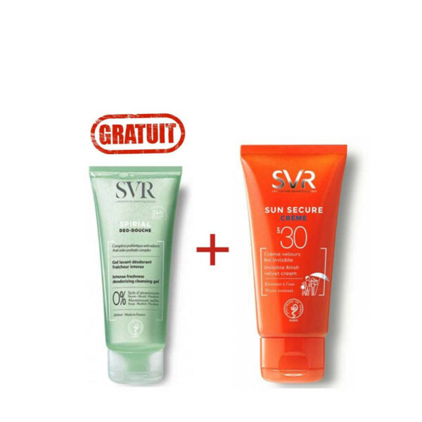 Pack Duo SVR Sun Secure : Crème solaire pour peaux sèches à très sèches + Gel moussant déodorant - Spirial 55ML. Tunisie