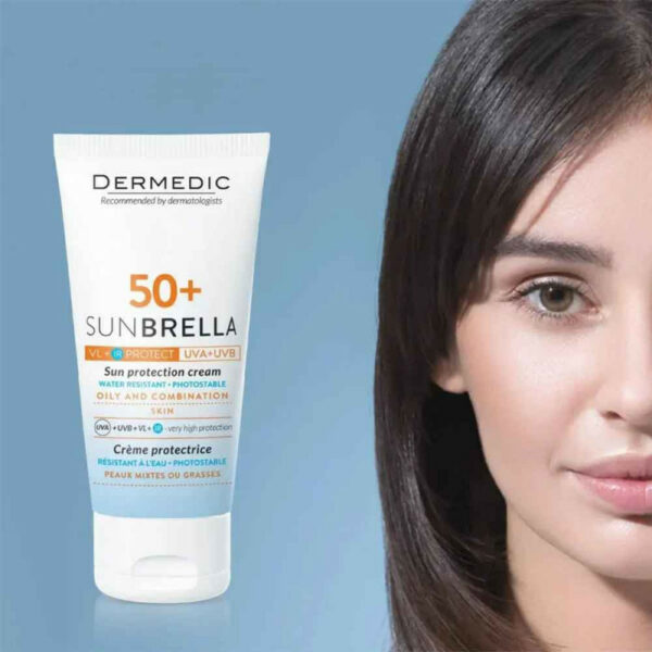 Pack protection solaire Dermedic Sunbrella SPF 50 adapté aux peaux mixtes à grasses, incluant une Eau micellaire offerte. Tunisie