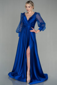 Robe de Soirée Longue Satin Bleu Saxe Tunisie