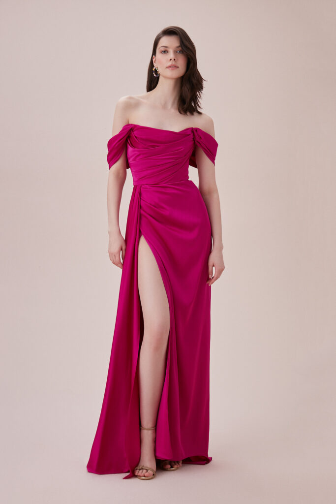 Robe de soirée en Satin Fuchsia à Col Bateau Tunisie