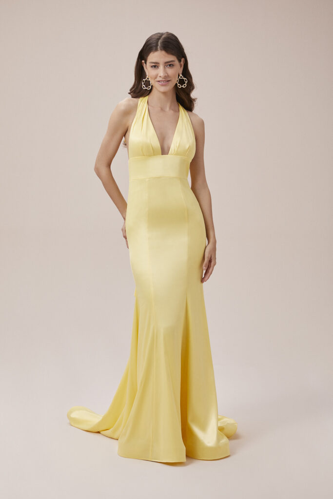 Robe de soirée longue dos nu en satin jaune Tunisie