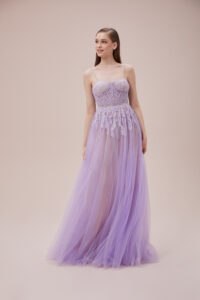 Robe de soirée longue en tulle brodé de dentelle lilas Tunisie