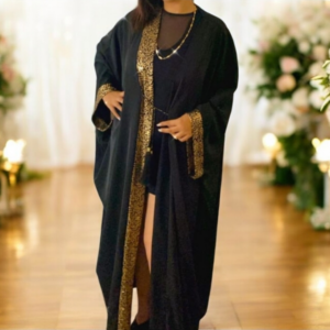 Abaya crêpe satiné avec tissu en doré Tunisie