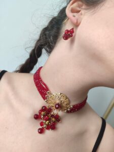 Collier Tlila revisité Cuivre trempé dans de l'or Cristal et ambre - Rouge