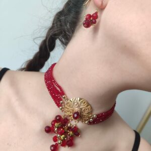 Collier Tlila revisité Cuivre trempé dans de l'or Cristal et ambre - Rouge