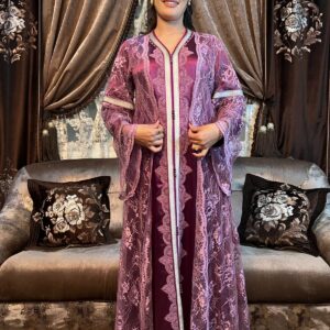 Caftan rose - Dentelle et Satin brodé Tunisie