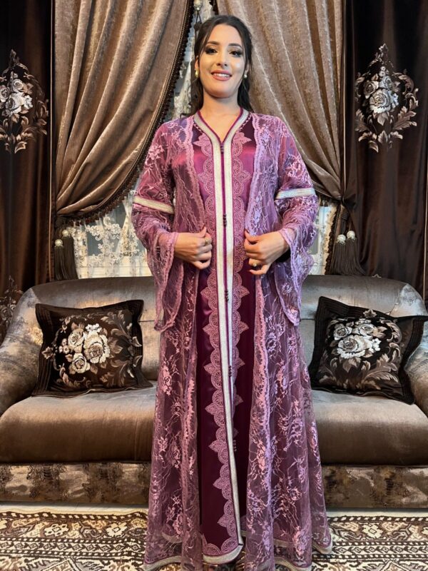 Caftan rose - Dentelle et Satin brodé Tunisie