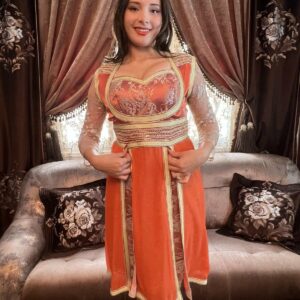 Caftan Court orange - Moussline dentelle et Satin Tunisie