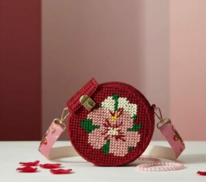 Sac à main fait à la main en fil de canevas, couleur rouge bordeaux Tunisie