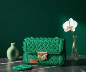 Sac à main fait à la main en fil de canevas, couleur vert bleu Tunisie