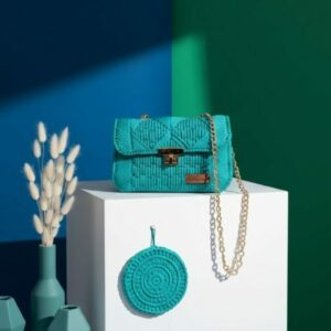 Sac à main fait à la main en fil de canevas, couleur bleu ciel Tunisie