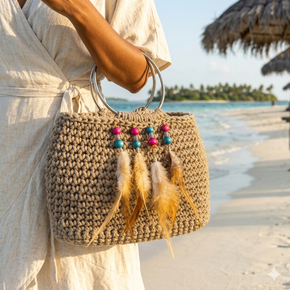Sac crochet fait main couleur miel pour plage