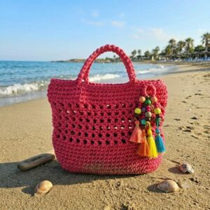 Sac de plage fait main en crochet couleur rose fuschia Tunisie