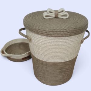 Panier à Linge / Rangement Tressé Beige & Écru avec Couvercle Tunisie