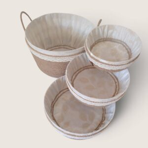 Ensemble de 4 Corbeilles Artisanales en Jute Naturel Doublées Tissu Motif Feuilles Tunisie