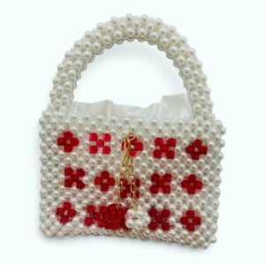 Sac en Perles Blanches avec Motifs Cristaux Rouges Tunisie