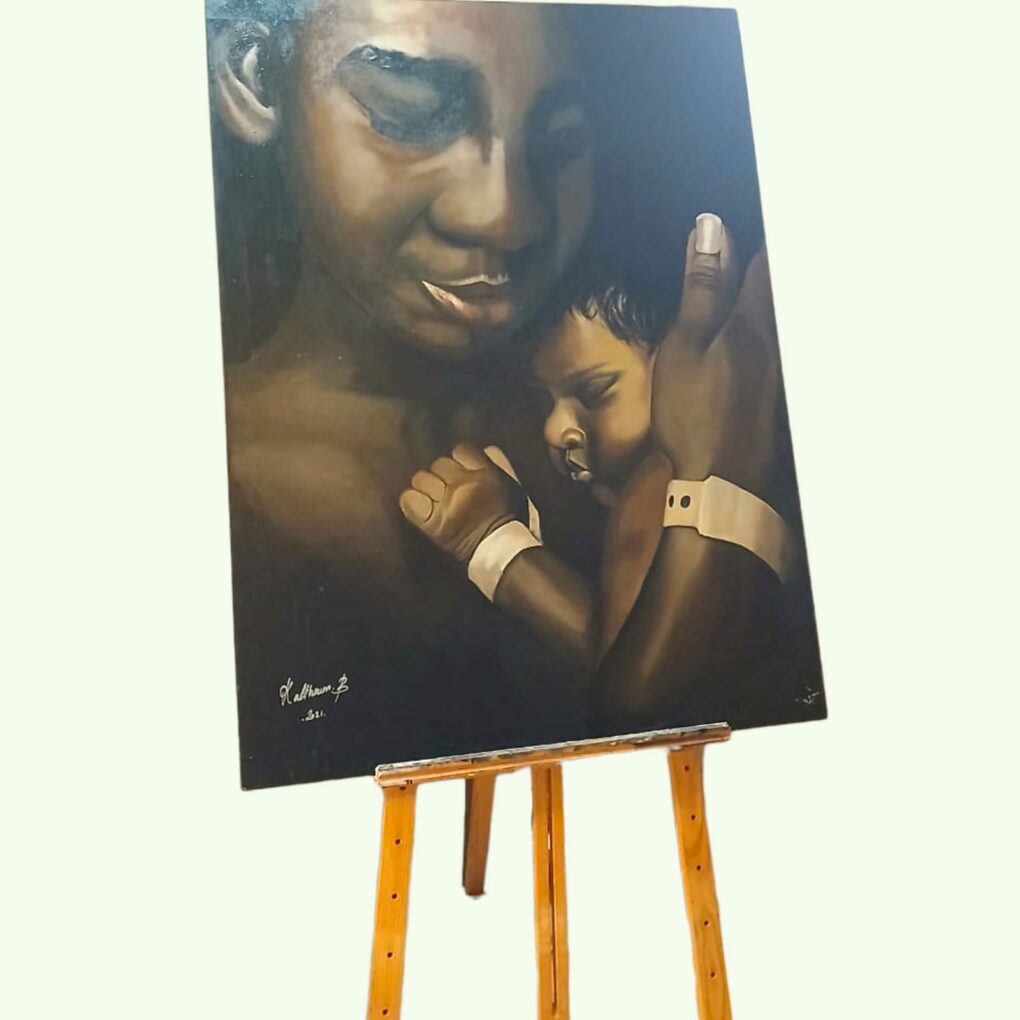 Tableau intitulé « Maternité » – peinture à l’huile, format 120 × 90 cm