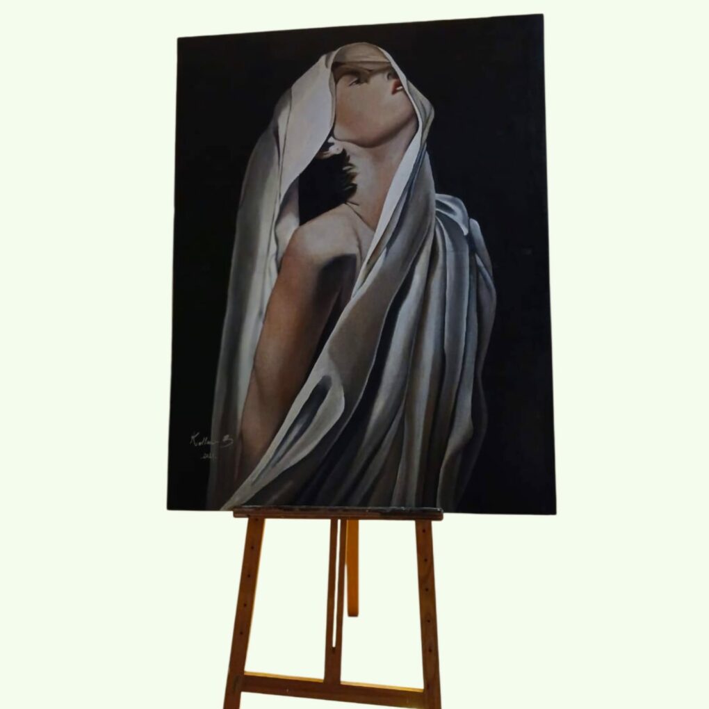 Tableau intitulé « Confidences » – peinture à l’huile, format 130 × 110 cm