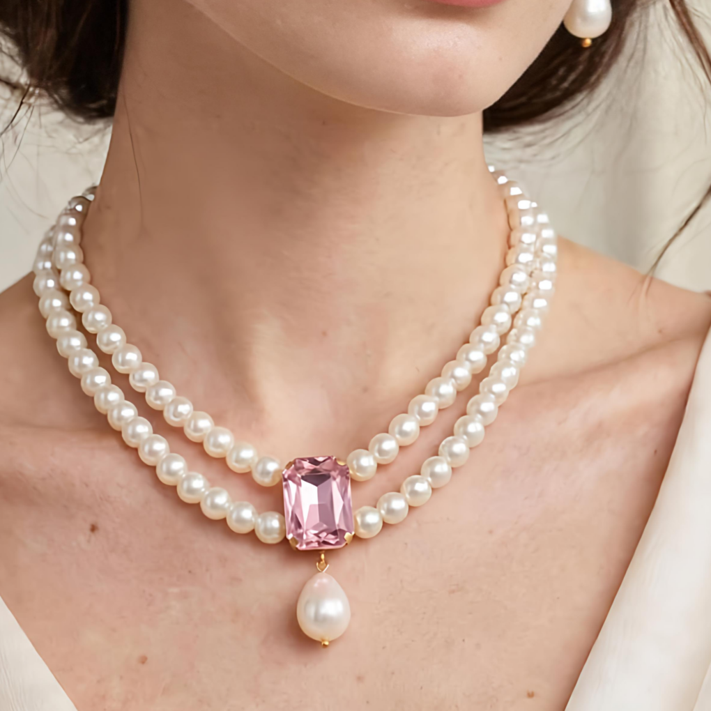 IMG_20261001_010348 Parure Artisanale « Douceur Rosée » – Collier Double Rang Perles Fines, Cristal Rose Poudré & Boucles d’Oreilles Assorties Tunisie