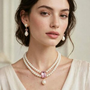 Parure Artisanale « Douceur Rosée » – Collier Double Rang Perles Fines, Cristal Rose Poudré & Boucles d’Oreilles Assorties 4 en Tunisie Parure Artisanale « Douceur Rosée » – Collier Double Rang Perles Fines, Cristal Rose Poudré & Boucles d’Oreilles Assorties Tunisie