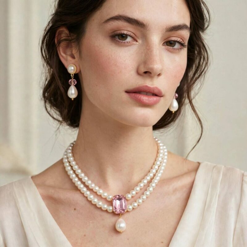cropped-831523248_1132668559193855_2161750860033863640_n-scaled-1.jpg Parure Artisanale « Douceur Rosée » – Collier Double Rang Perles Fines, Cristal Rose Poudré & Boucles d’Oreilles Assorties Tunisie